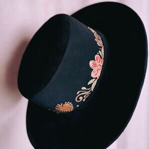 Black Hand Painted Wool Felt Wide Brim Hat, Floral Milagro Brim, Made in Mexico